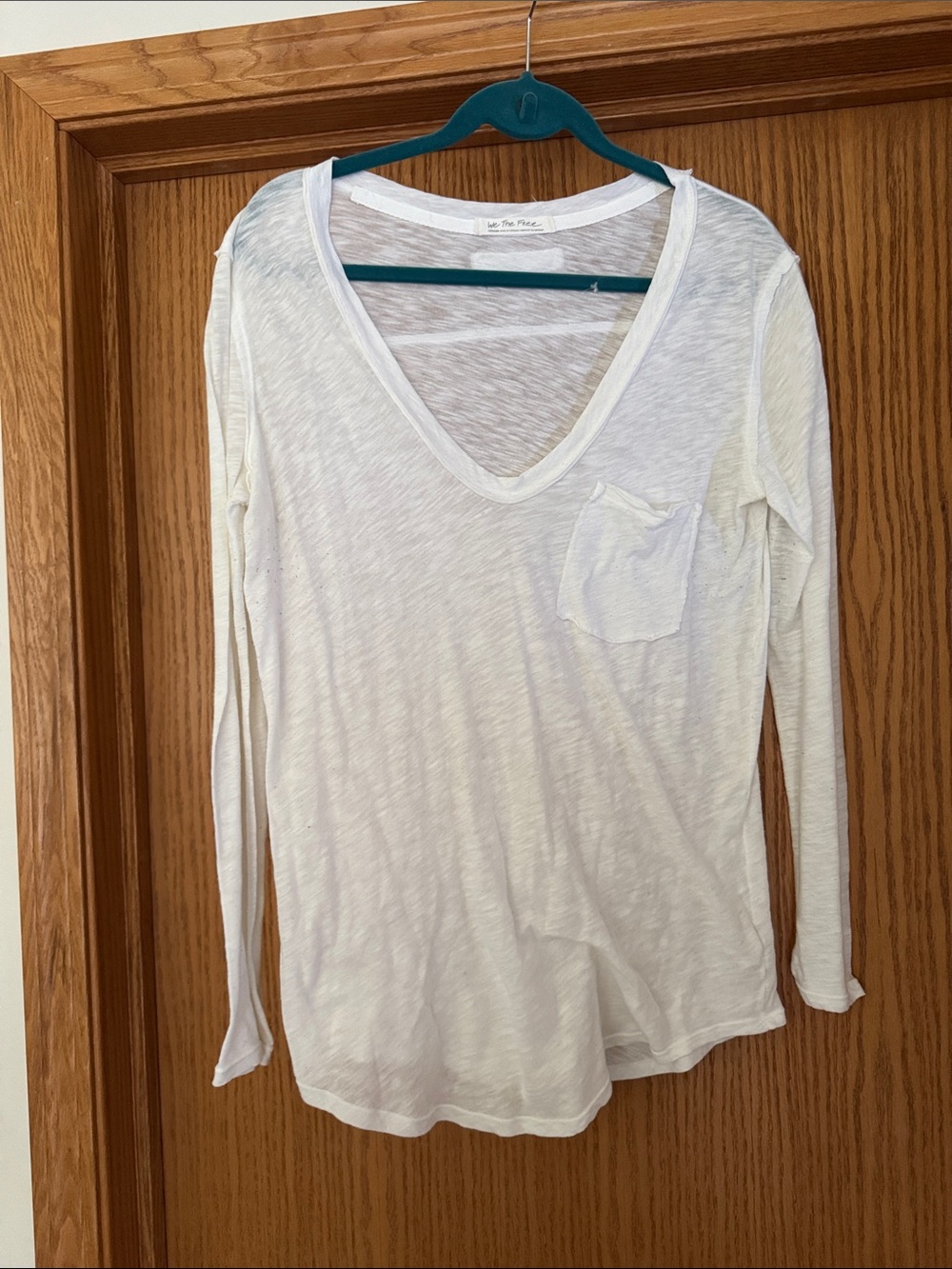 We The Free White V-Neck Long Sleeve Pocket Tee